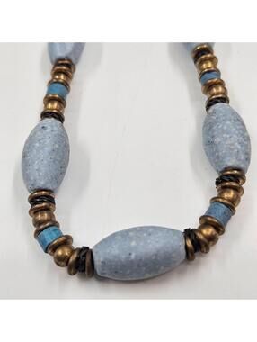 Blue Ceramic Bead Necklace Leather Cord Brass S Hook Minimalist Artisan Boho